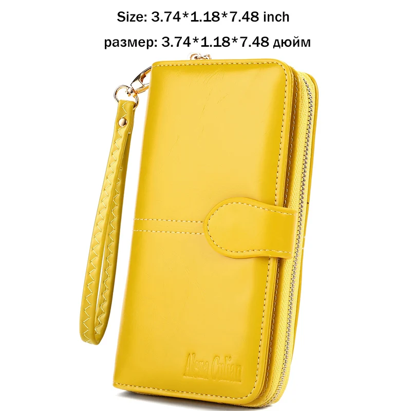 Long Lemon Yellow Alena Culian, Женский кошелек из восковой кожи с горячим маслом, Ретро стиль, масляная кожа, длинная сумка на молнии для монет, carteira feminina, большой вместительный кошелек для женщин - Цвет: Long Lemon Yellow