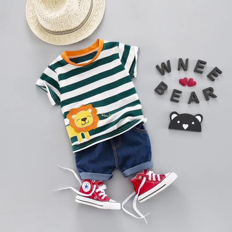 Kids Baby Boy Fashion Strip Summer Clothing Set Animal Printed T Shirt + Jeans Suit Children Boys Outfit 1 2 3 4 Years |