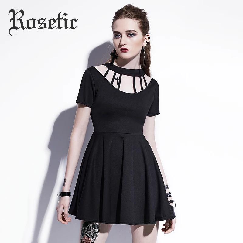 Rosetic готическое платье женское черное с открытой спиной коротким рукавом летнее