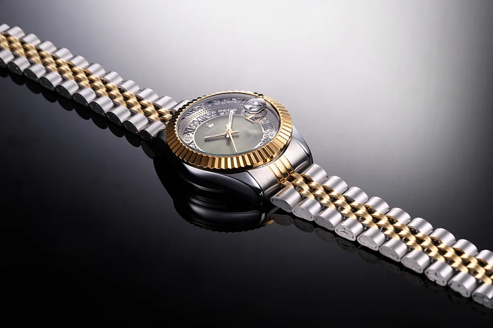 Женские Водонепроницаемые часы на стальном ремешке золотистые и зеленые с