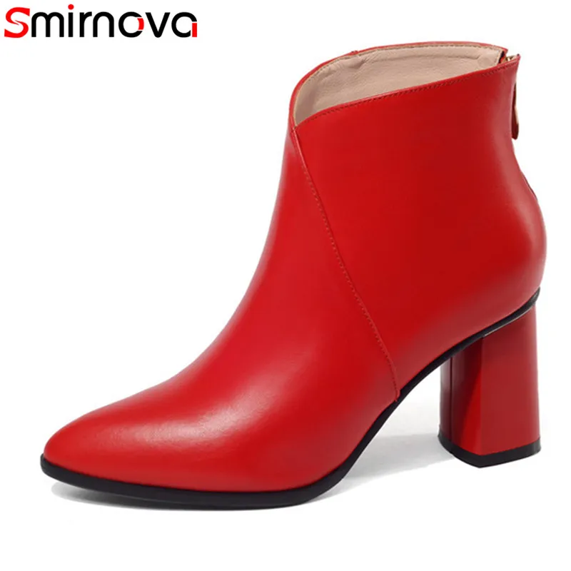 

Smirnova NEW arrival 2018 thick high heels boots red black cow leather ankle boots for women pointed toe dress female shoes