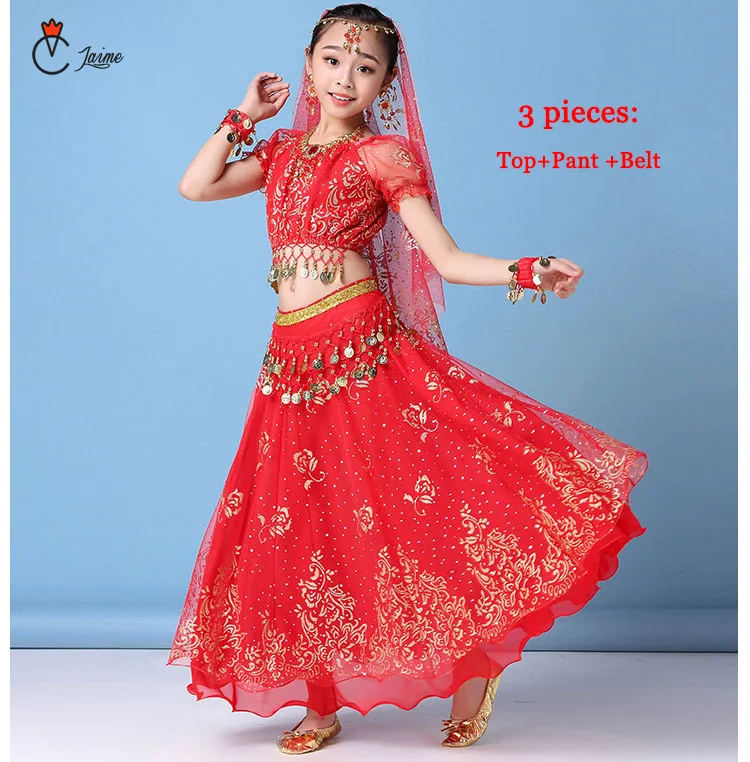 Red 3 pcs Детская одежда Набор костюма для танца живота сценическое живота Одежда для танцев для девочек Индии Танцы Болливудский костюм, для детей от 3/8 шт - Цвет: Red 3 pcs