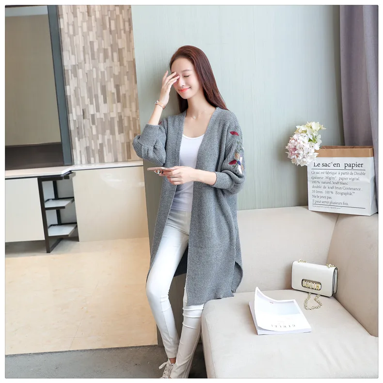 Winter autumn casual tops V-NECK collar lantern sleeve floral embroidery knit sweater warm women sweaters long cardigans |
