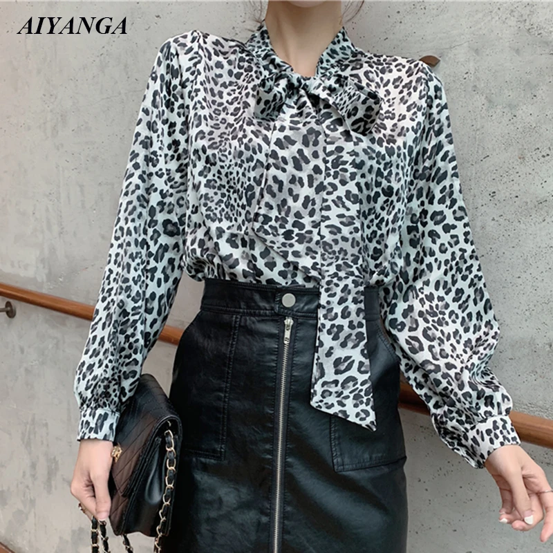 New Leopard print Chiffon Blouses Women 2019 Spring Shirts Long Sleeve Blouses Fashion Lace Up Bow Casual Shirt Female Tops