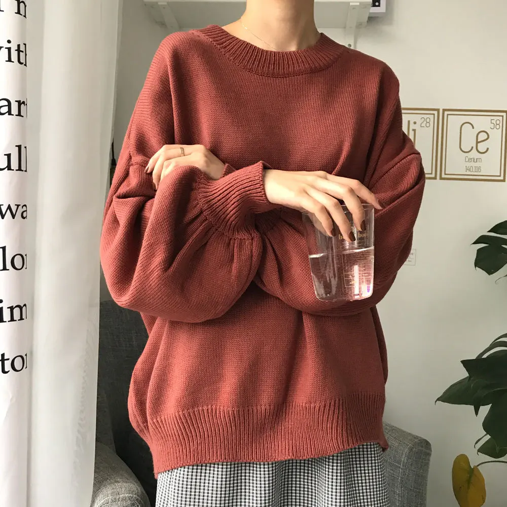 Korean Style Women Pullovers Sweater 2017 Winter New Retro Lantern Sleeves Loose Solid Color Round Neck Wild Knit Tops | Женская одежда