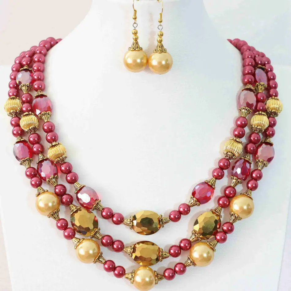 Charms rose red gold-color shell simulated-pearl round beads oval crystal newly earrings 3rows necklace jewelry set 18-22&quotB1001 |