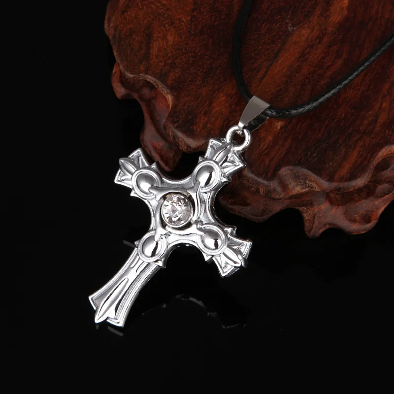 

New Vintage Pattern with Rhinestone Cross Pendant Necklace Men Classic Statement Necklaces Pendants Leather Rope Jewelry