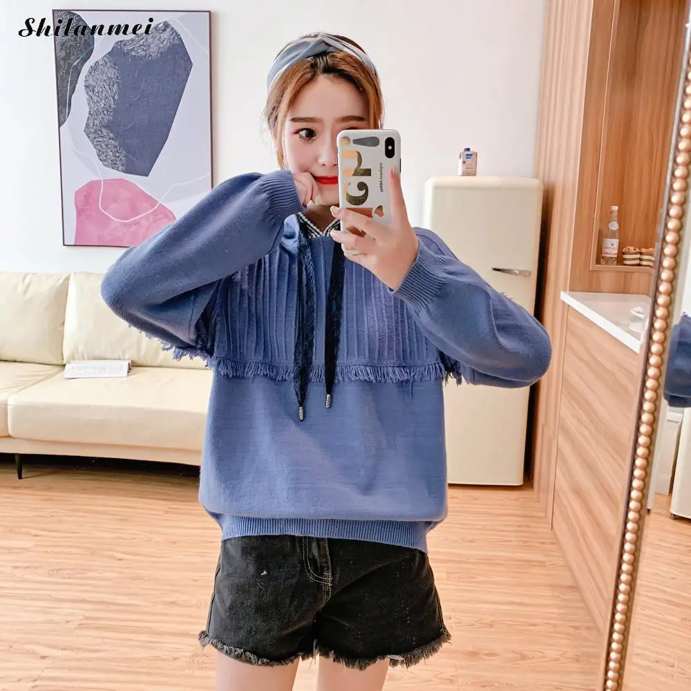 

Korean Sweater Hooded Pullover Women Autumn Winter Casual Loose Solid Knitwear Fashion Long Sleeve Pullover Knitted sueter mujer