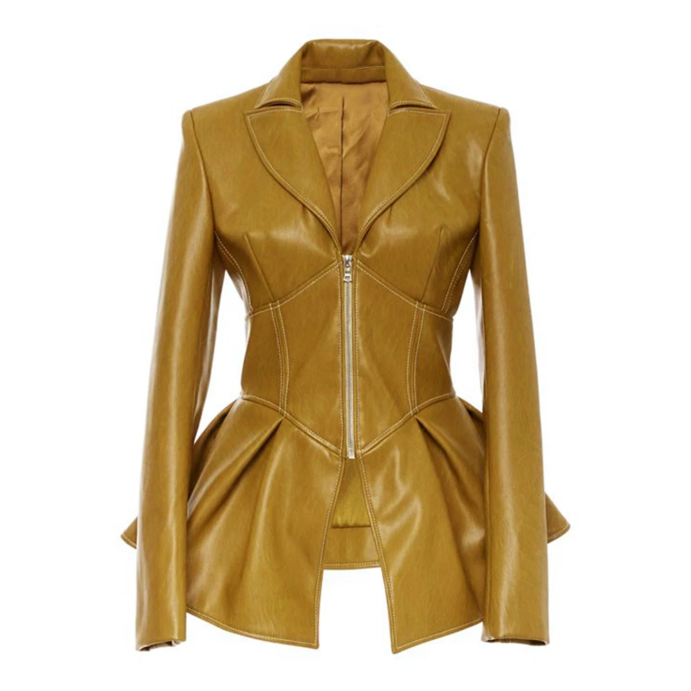 

QUEENUS Faux Leather Women PU Jacket Coat Black Gothic Fashion Pleated V-neck 2021 Spring Female Plus Size