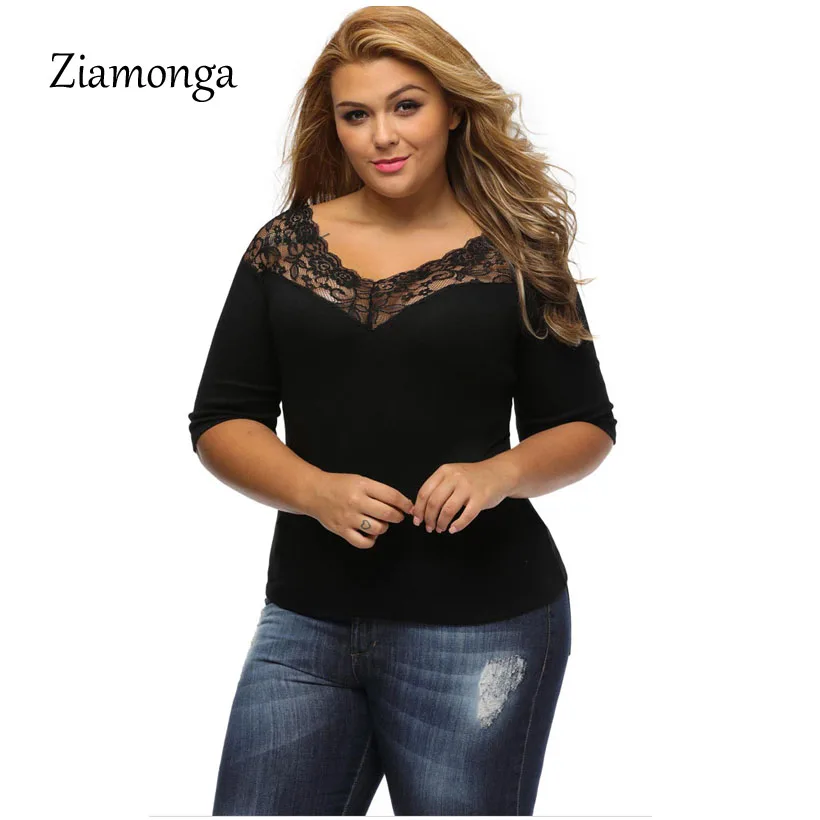 Ziamonga oversize XL-XXXL Кружево Лоскутная Сексуальная выдалбливают футболка Для женщин Топы корректирующие Лето г. короткий рукав v-образным вырезом черная женская футболка