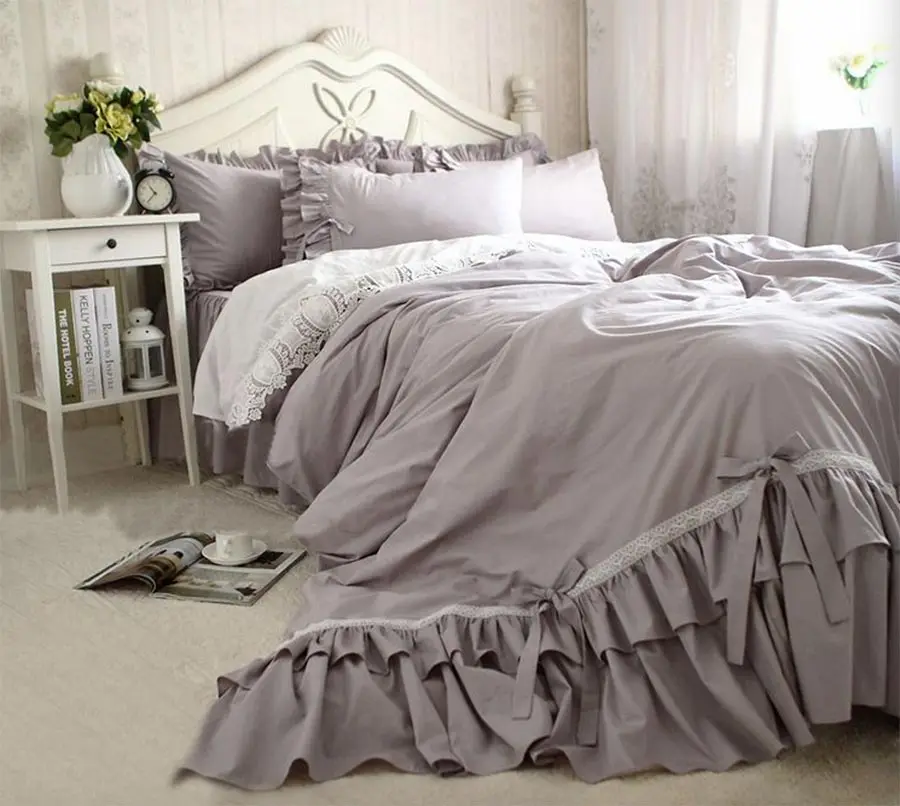 Princess ruffle lace cotton bedding set teen girl,twin full queen king grey white home textile bedspread pillow case duvet cover