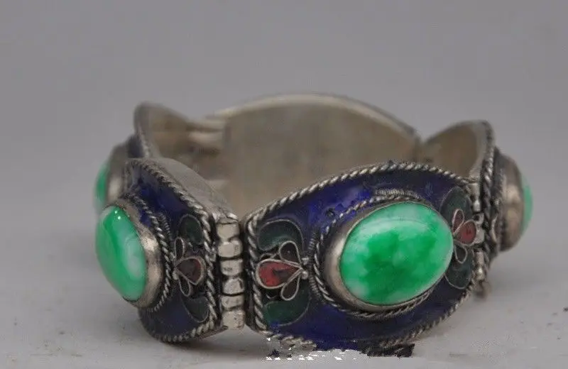 Chinese folk Tibetan silver and copper inlaid natural jade bracelet, too