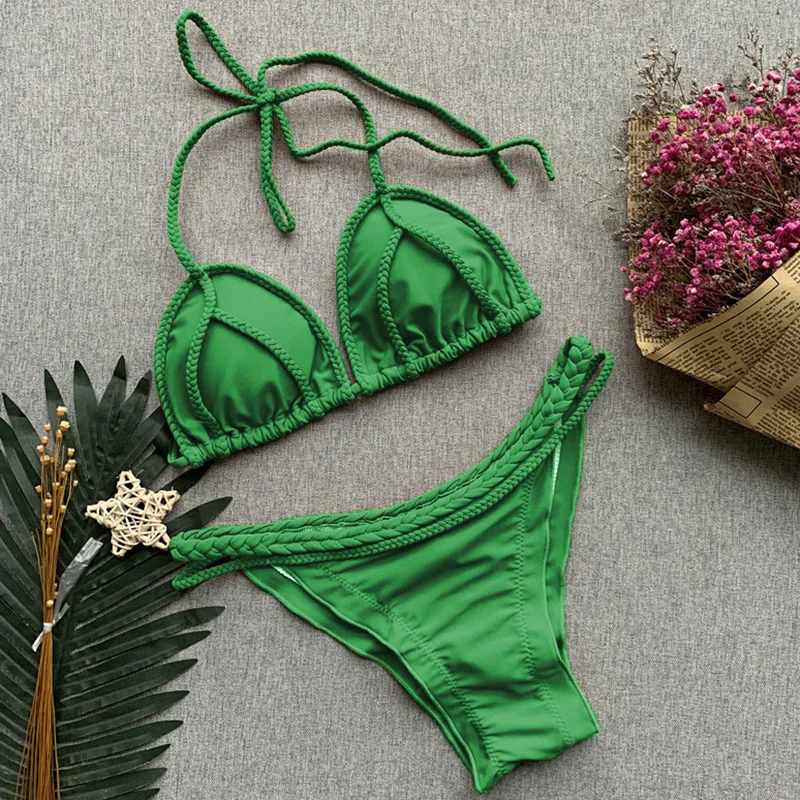 Женское Бразильское бикини ручной вязки купальный костюм бандо с лямкой на шее