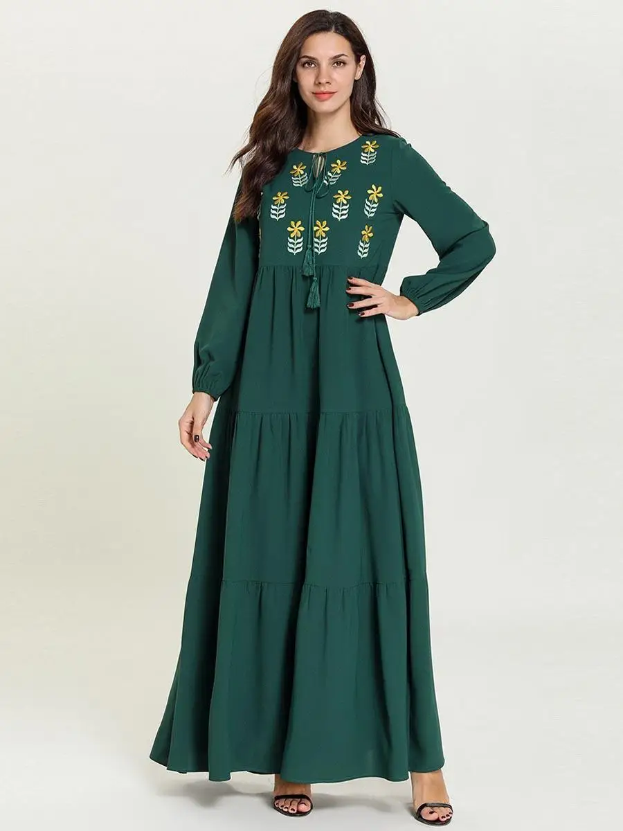 Abaya Дубай Цветочная вышивка длинное платье мусульманские женщины кафтан