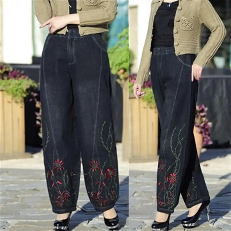 

spring women's large size high waist pants pants loose thin wide leg pants embroidered jeans pants casual nine pants Slim fall
