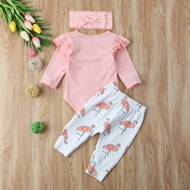 Toddler Newborn Lovely Baby Girl Solid Color Bodysuit Long Sleeve Tops Cartoon Printed Pants Leggings Headband Outfits 3PCS Set | Детская