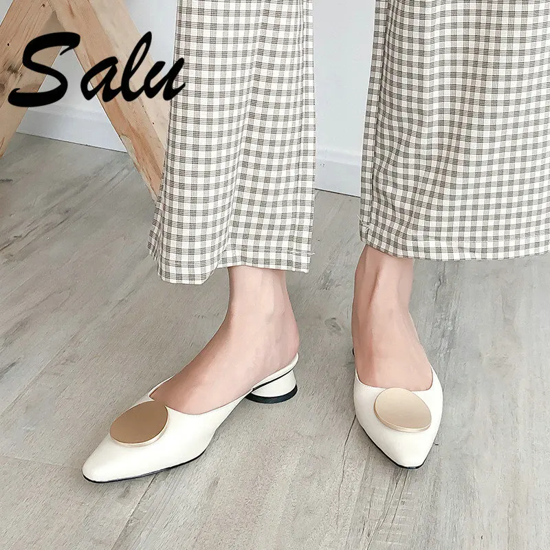 

Salu Fashion Solid Colors Pointed Toe Women Sandals Slip on Shallow Genuine Leather Kid Suede Sandals Single Shoes Woman