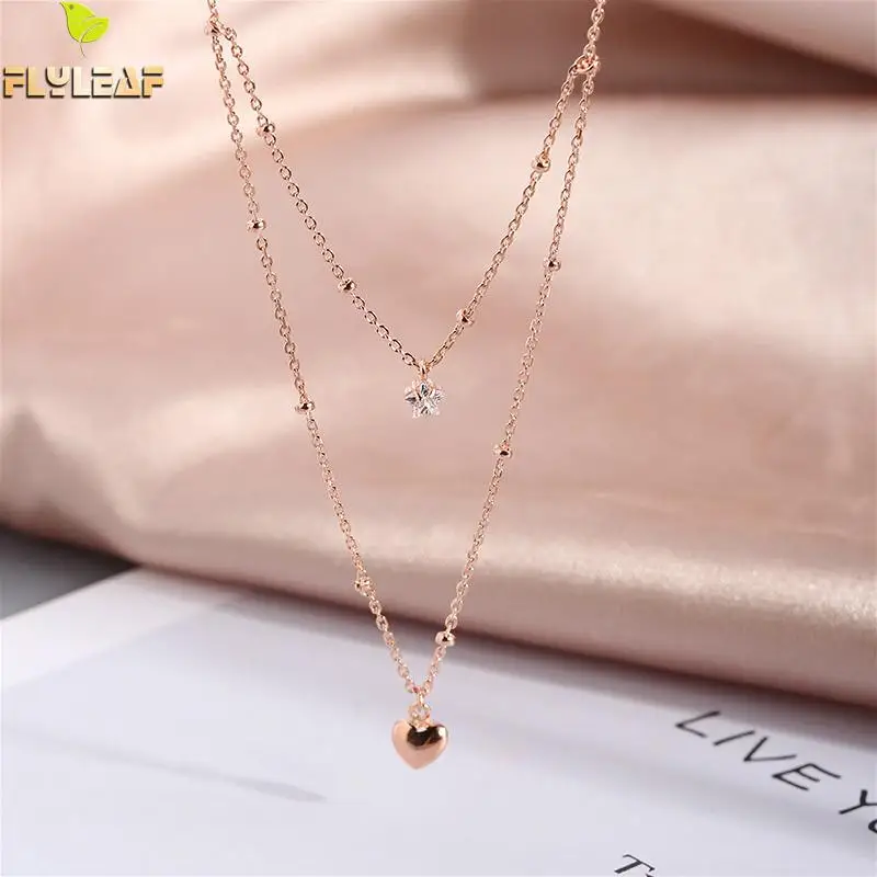Flyleaf Double Layer Heart Shape Bead Necklaces& Pendants Real 925 Sterling Silver Cubic Zircon Necklace For Women Fine Jewelry