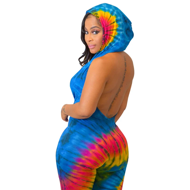 Adogirl сексуальный комбинезон с принтом тай-дай открытой спиной капюшоном