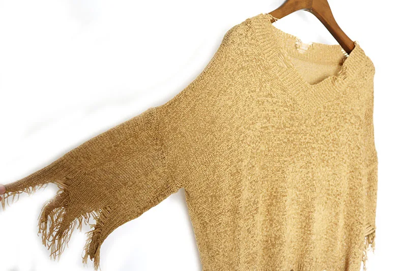 Women's Loose Hole Sweater Hollow out Asymetric Hem Knitted V neck Long Sleeve Thin Tops | Женская одежда