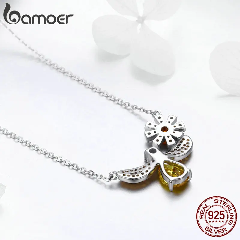 BAMOER, трендовая, 925 пробы, серебряная, модная Маргаритка с Пчелой, желтая CZ подвеска, ожерелья для женщин, Стерлинговое Серебро, ювелирное изделие SCN242