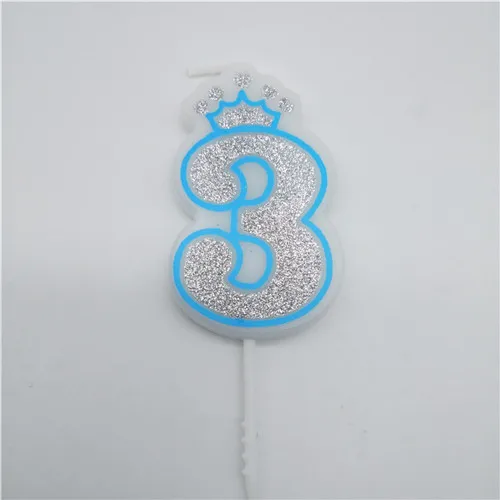 blue 3 Свечи с цифрами 0, 1, 2, 3, 4, 5, 6, 7, 8, 9, блестящие серебристые, розовые, голубые свечи с короной для детей, девочек и мальчиков, украшения для торта для вечеринки на день рождения - Цвет: blue 3