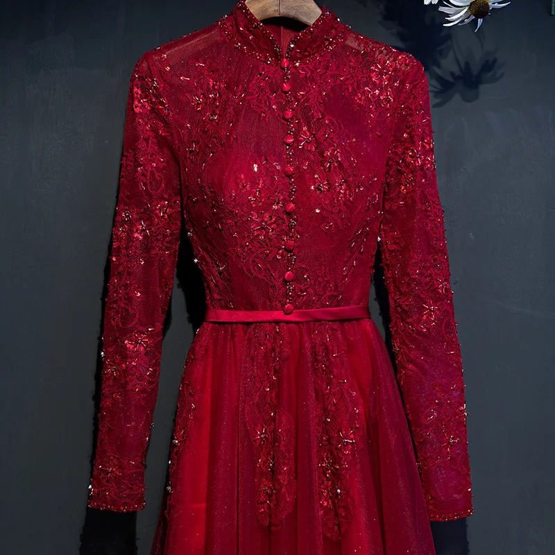 Вечернее платье зимнее SSYFashion невесты с высоким воротником прозрачное длинными