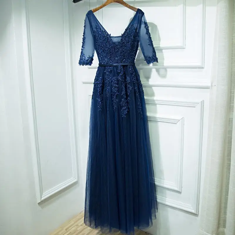 Robe De Soiree новые кружевные бисерные кружевные Длинные вечерние платья для невесты, банкета, элегантные вечерние платья длиной до пола для выпускного вечера - Цвет: short sleeve blue