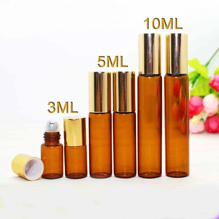 

3ml 5ml 10ml Amber Brown Glass Roll On Essential Oils Perfume Aromatherapy Bottle With Steel Glass Roller Ball Gold Cap