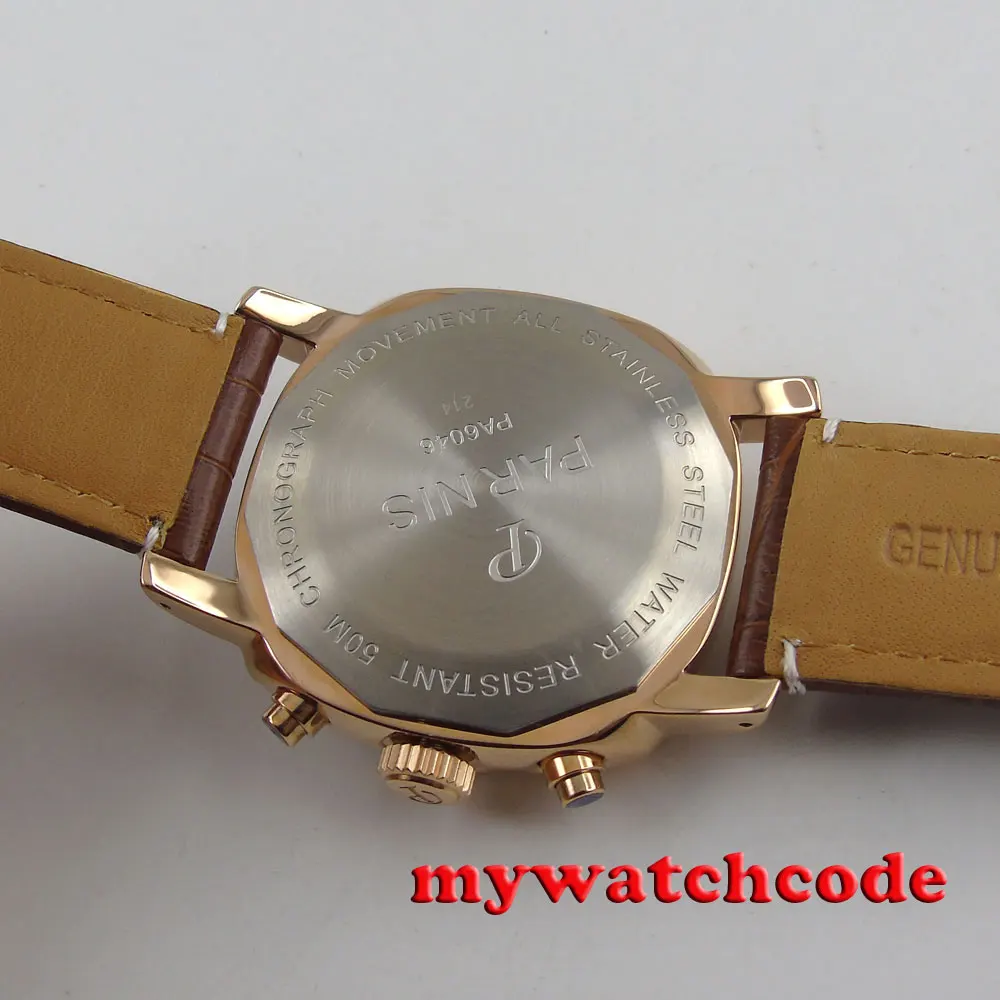 44 мм Parnis кофе циферблат позолоченный чехол секундомер часы Полный Хронограф