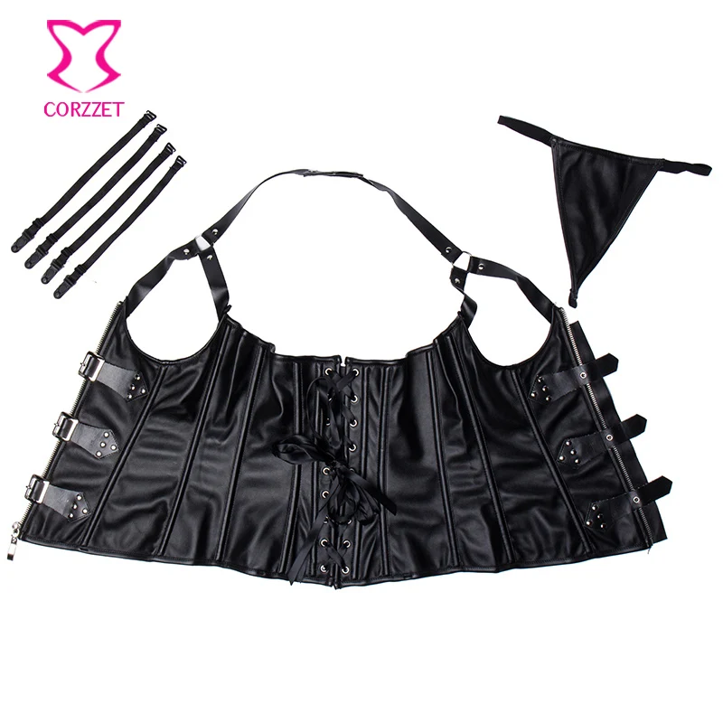 Черные кожаные корсеты и бюстье сексуальный корсет без чашек под грудью костюм в