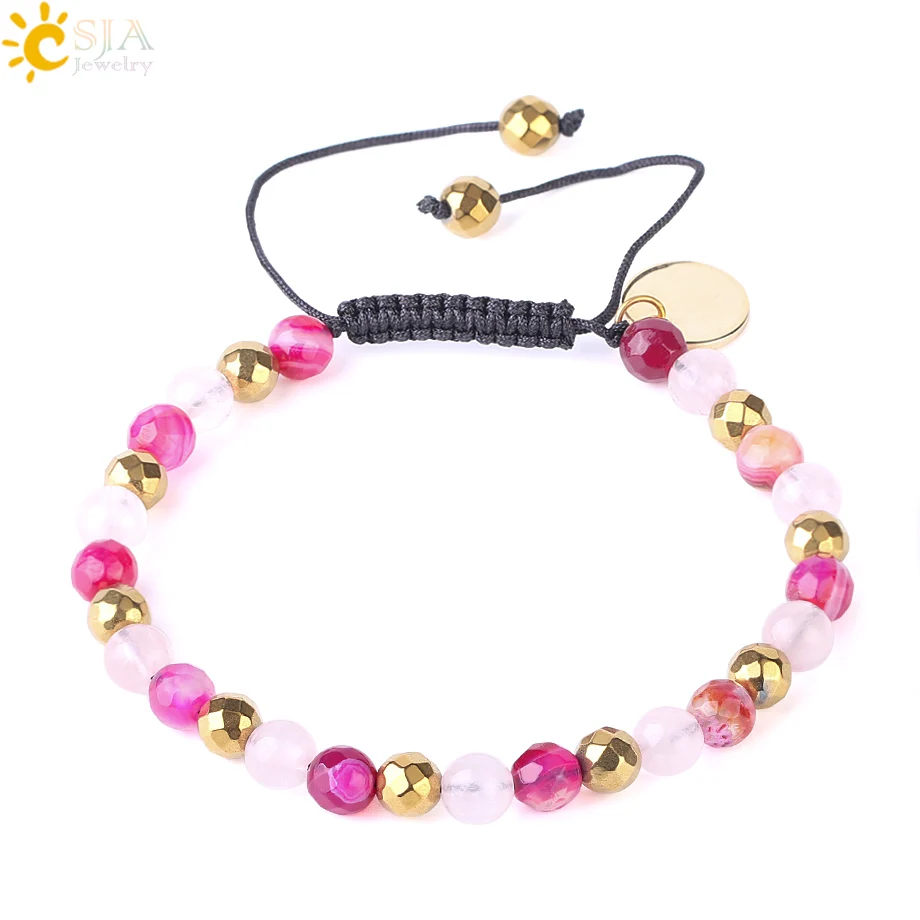 CSJA Multicolor Natural Stone Onyx Crystal Bracelet Pink Quartz Blue Gold-color Round Beads Weave Rope Adjustable Bracelets F543 | Украшения