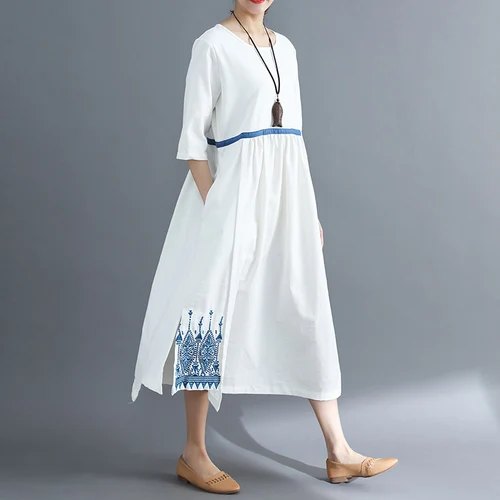 Летнее платье новинка 2019 женское белое одежда с вышивкой хлопковое и льняное