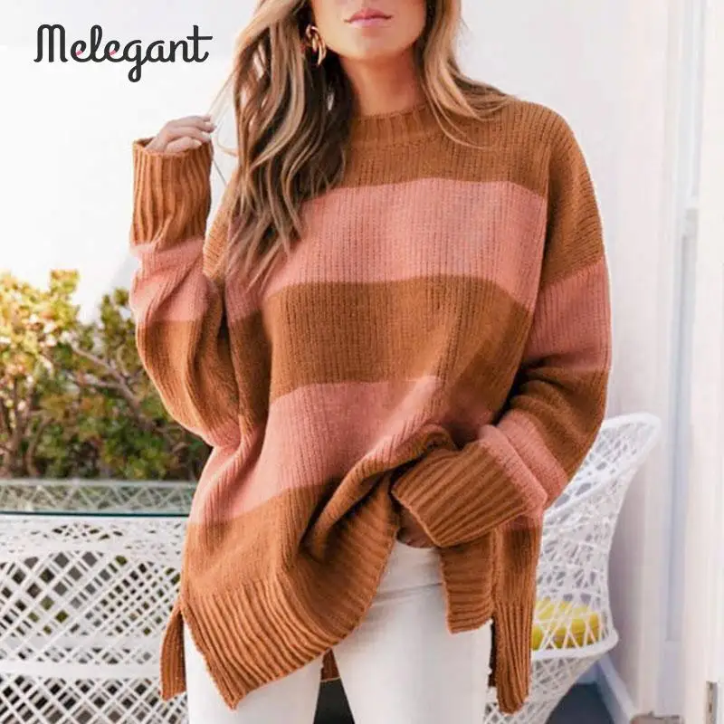 Melegant Stripe Patchwork Loose Casual Winter Sweater Women Knitted Knitwear Femme Sweaters Pullover Plus Size | Женская одежда