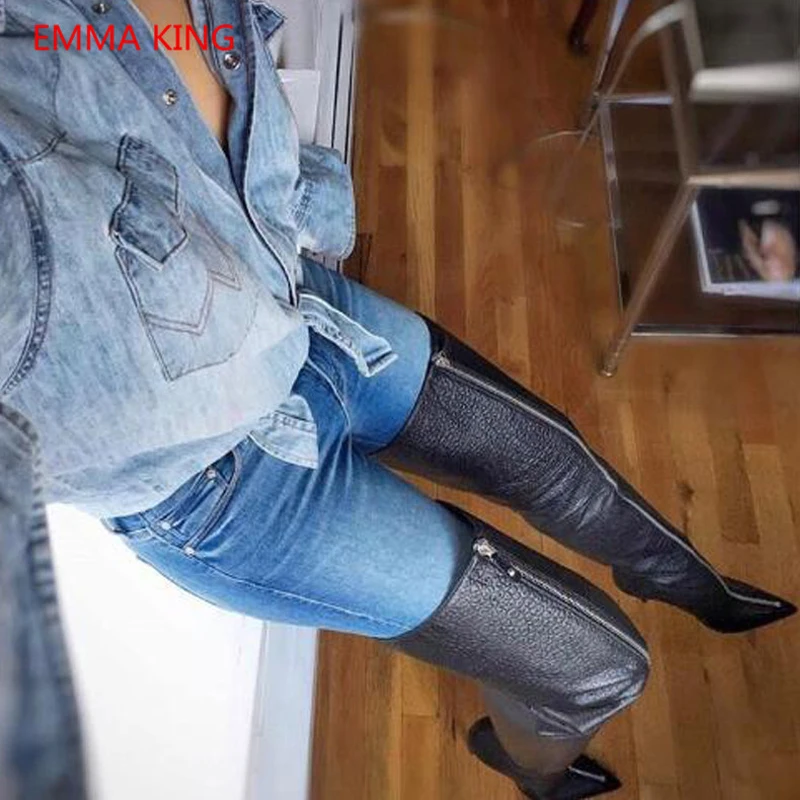 Женские ботфорты выше колена черные кожаные дизайнерские сапоги на молнии