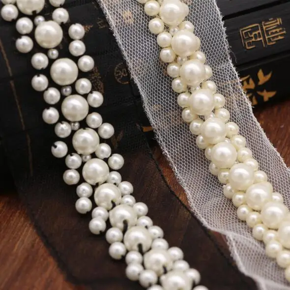 

10Yards Fake Pearl Beaded Lace Trim Vintage Mesh Fabric Paillette Lace Beaded Pearl Trim Wedding Dress Lace Applique 5cm Wide