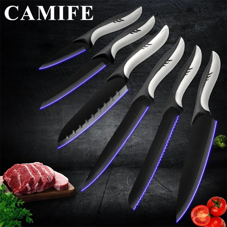 A.6 pcs set Столовые приборы, кухонные ножи, инструменты, нож из нержавеющей стали, аксессуары для ножей, черные фрукты, утилита Santoku, шеф-повара, нож для нарезки хлеба - Цвет: A.6 pcs set
