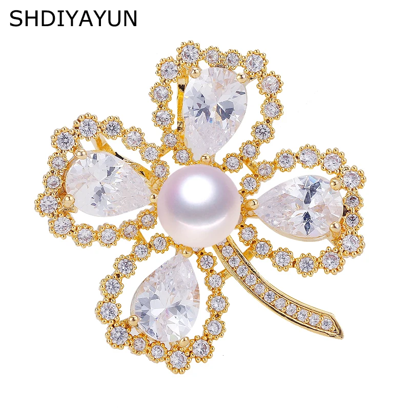 SHDIYAYUN 2019 Жемчужная Брошь для женщин циркониевая брошь в форме клевера на удачу