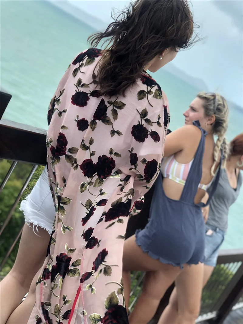 Женское вельветовое платье-кимоно с цветочным принтом пляжная одежда для