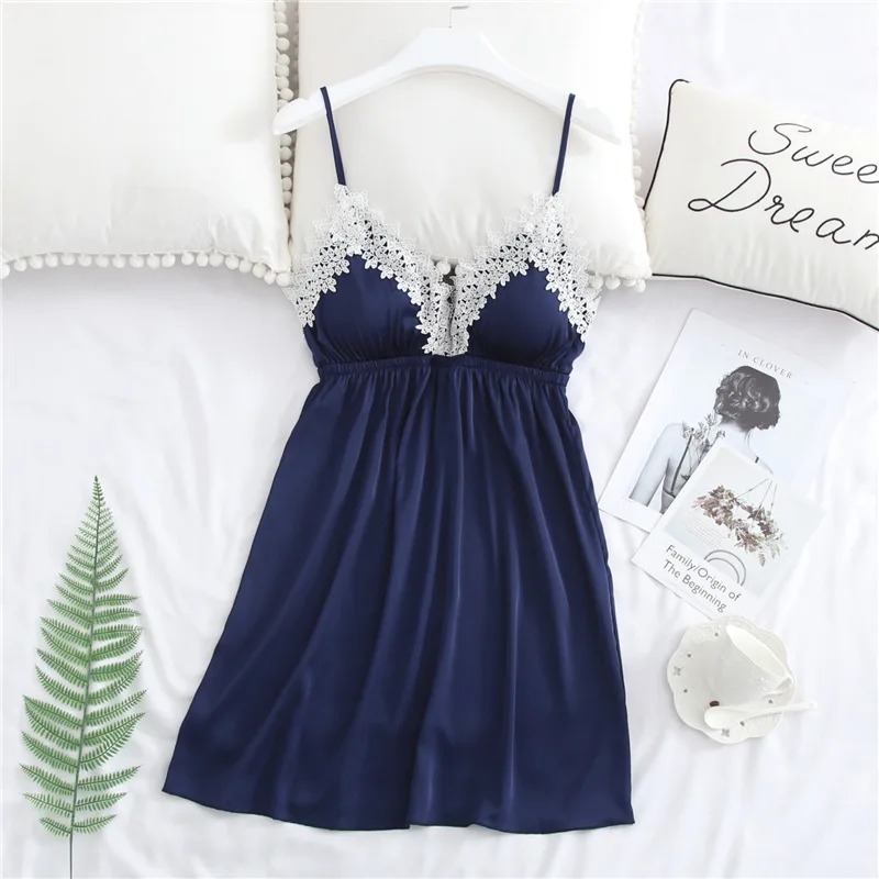 navy blue Herislim шелковое летнее платье для женщин Ночная рубашка без рукавов Сексуальная кружевная ночная рубашка с отделкой аппликацией ночное белье домашняя одежда с нагрудники - Цвет: navy blue