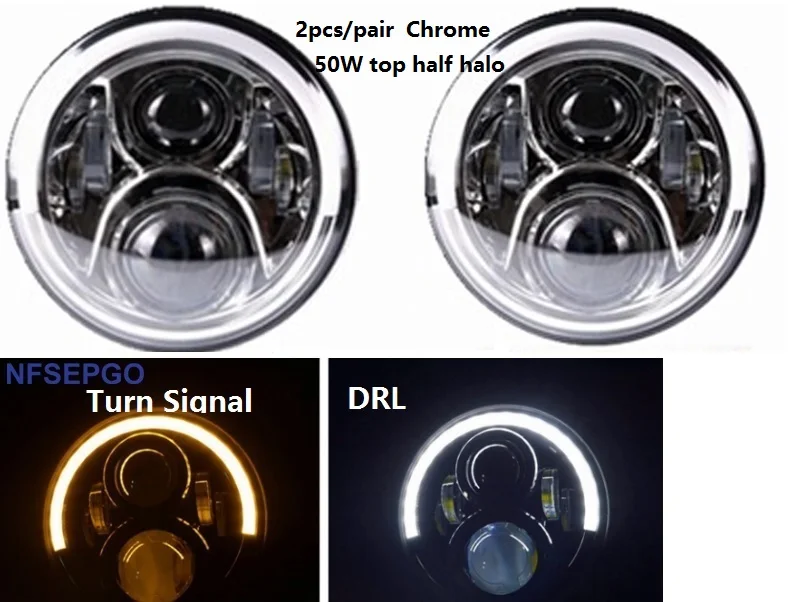 50W top halo chrome 2 шт. " светодиодный DRL фары 4x4 7 дюймов круглые halo Фары для Jeep JK ваз 2121 Лада Нива 7" светодиодный налобный фонарь с янтарным указателем поворота - Цвет: 50W top halo chrome
