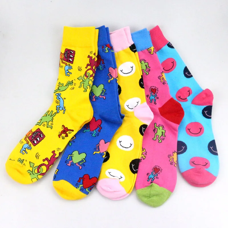 Fancy socks 04 5 пар разноцветных смешных носков унисекс для мужчин и женщин с мультяшным персонажем/смайликом Кит Харинг Необычные счастливые носки удобные хлопковые носки - Цвет: Fancy socks 04