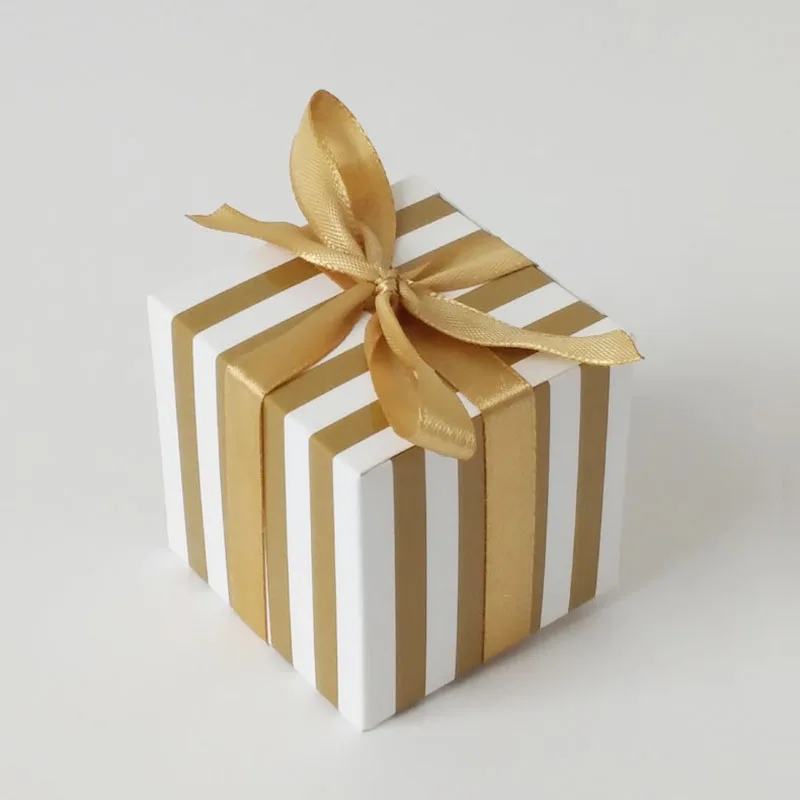 Gold 50 шт./лот, золотая, серебряная полосатая Свадебная коробка для конфет, печенья, торта, коробки с лентой, крафт-бумага, Подарочная коробка, сумки, продвижение - Цвет: Gold