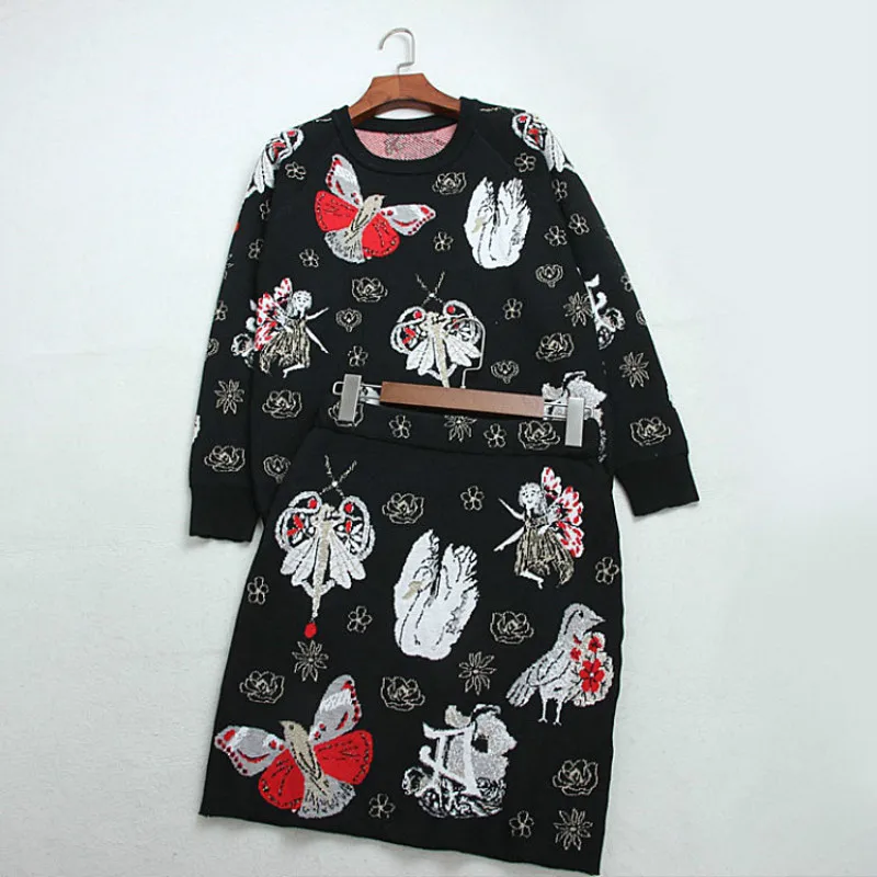 Подиумные Женские винтажные костюмы вязанный 2018 осенний свитер мини юбка