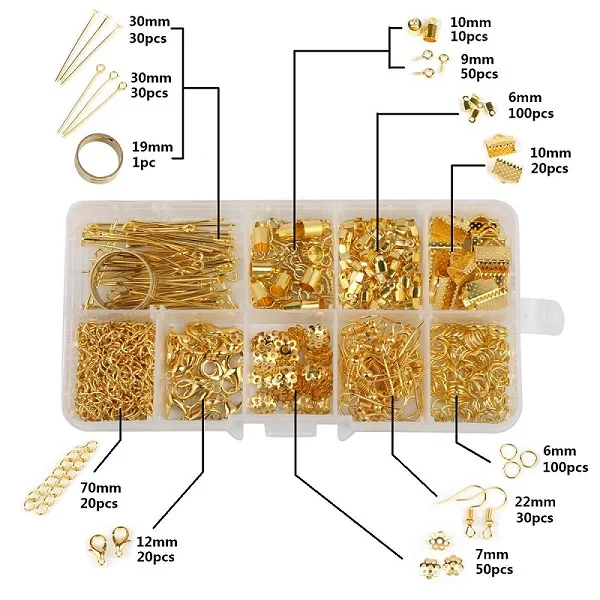 Gold 1 коробка обжимные концевые застежки Омаров открытый прыжок кольца удлинитель цепи концевой шнур колпачки для DIY ювелирные аксессуары - Цвет: Gold
