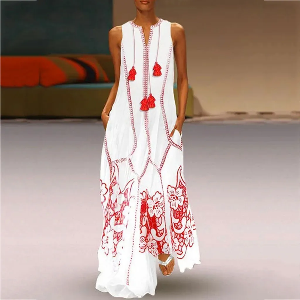 

#55 Women Vintage Daily Dress Casual Sleeveless Cotton Printed Floral Summer Maxi Dresses National Style Long Dress