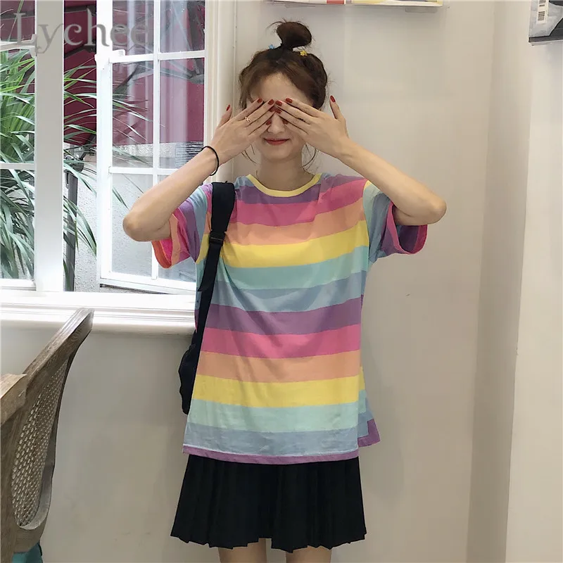 Lychee Harajuku Радужный полосный цветной блок женская футболка футболки с круглым вырезом короткий рукав хит цвет женские футболки футболка
