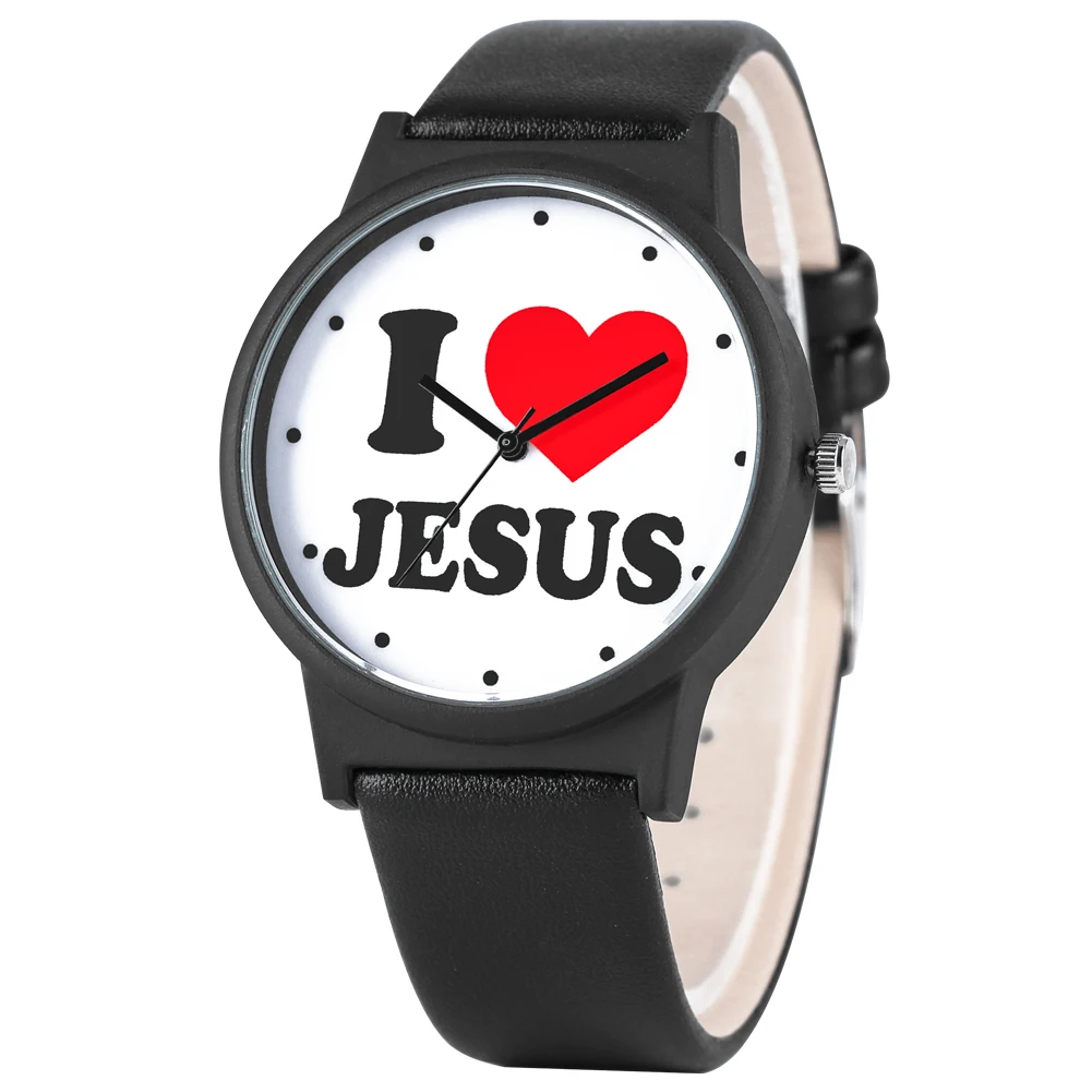 Привлекательные кварцевые часы серии I Love Jesus, выразительные черные часы из искусственной кожи с большим круглым циферблатом, наручные часы унисекс, подарок
