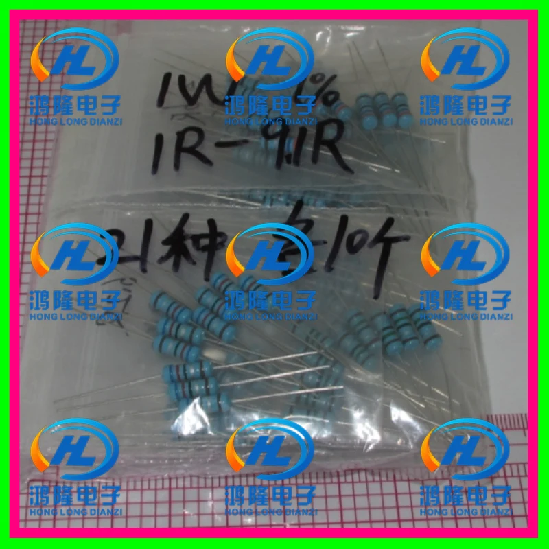 

1W Metal Film Resistor Kit 1R-9.1R Resistor Pack 1W 1% samples psck Assorted Kit 21valuesX10pcs=210pcs/lot