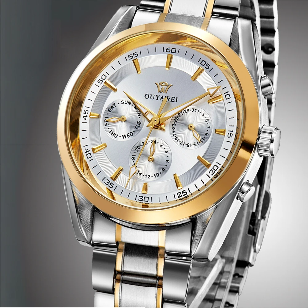 OUYAWEI Серебряный Циферблат Дата День Автоматическая Мужские Механические С
